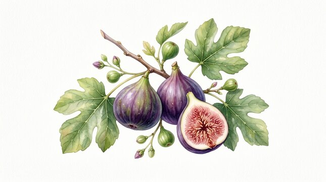 Watercolor fig branch illustration, fresh purple figs with green leaves, botanical fruit artwork, natural healthy food design element for packaging and recipes.