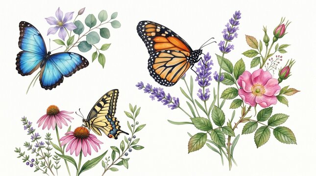 Watercolor butterfly and floral collection, delicate botanical illustrations, vibrant monarch, blue morpho, and swallowtail butterflies with lavender, roses, and echinacea