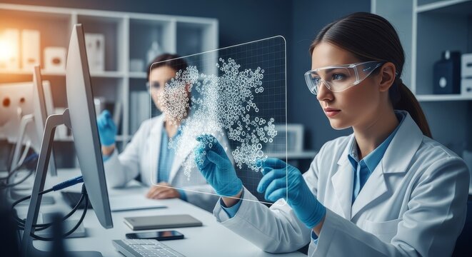 Two scientists in a modern laboratory analyzing complex genetic data on a transparent holographic screen with a focus on scientific discovery and innovation.