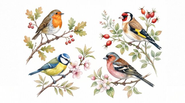 Watercolor songbirds illustration set, featuring a robin, goldfinch, blue tit, and chaffinch on branches with berries and blossoms, vibrant avian nature artwork.