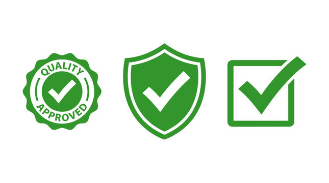 Green approval and check mark icon set with shield and badge