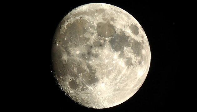 Full moon with detailed craters and texture against a stark black sky, glowing with celestial light