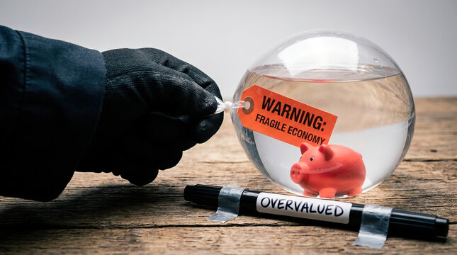 Hand in black glove is about to pop bubble containing piggy bank symbolizing fragile economy and crisis of overvalued life cycle in finance