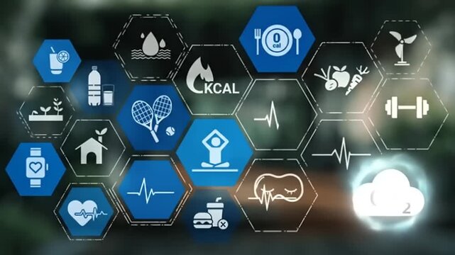 Health and wellness icons on hexagons.