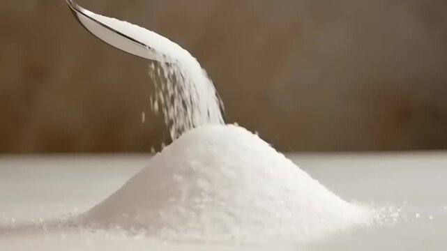 A spoon pouring white powder sugar.