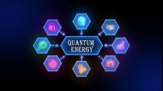 Quantum energy business infographic concept with glowing hexagon and network connections 4k