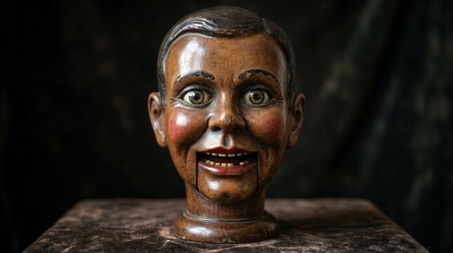A creepy vintage ventriloquist's dummy head with a wide smile on a dark background