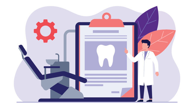 A professional dentist demonstrates dental health procedures using a large clipboard in this flat vector illustration