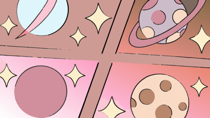 Planets orbit in a stylized space scene featuring glowing stars and soft pastel colors across a four-paneled grid layout. © Sami