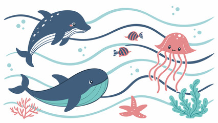 Dolphin, whale, and jellyfish swim together among coral and seaweed in this cute underwater scene. © Sami