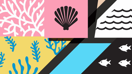 Seashells and coral reefs are depicted alongside wave patterns in a colorful geometric composition. © Sami