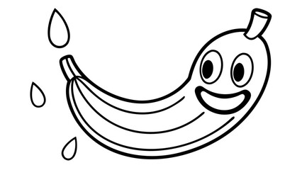 Banana character with a smiling face stands next to falling water droplets on a white background. © Sami