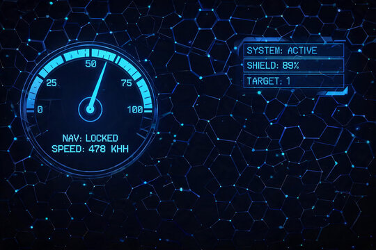 Futuristic digital speedometer and system status interface with hexagonal grid background