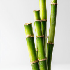 Fototapeta premium A photorealistic, high-key studio photograph of a vibrant green bamboo stalk, perfectly isolated against a pristine, clean white background with a minimalist aesthetic. 