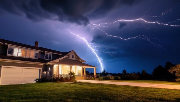 a suburban house stands against the backdrop of a dramatic lightning storm illuminating the night sky with flashes of electric intensity evoking a scene of both awe and unease