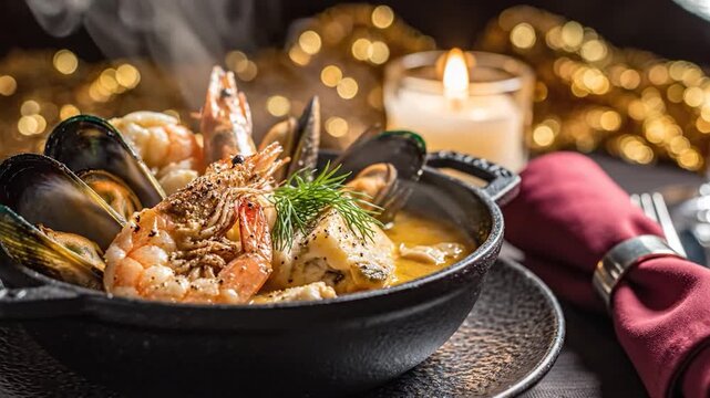 Gourmet seafood stew with shrimp mussels and fish served in a black cast iron bowl for an elegant candlelit dinner