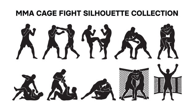 MMA Cage Fight Poses Silhouette Icon Sheet Set.
