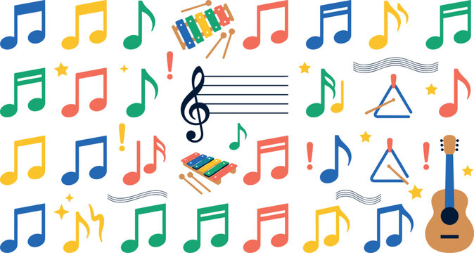 Colorful Music Note Icon Set Featuring Guitar, Xylophone, Triangle Instrument, and Clef Staff for Education, School, and Children Graphic Designs