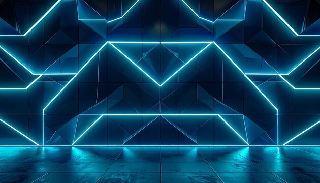 Geometric, dark blue wall with neon blue lighting, mirrored floor reflects light. Symmetry creates an abstract design