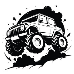 Bold black and white monster truck illustration capturing speed and off road adventure © Creative Graphic Des