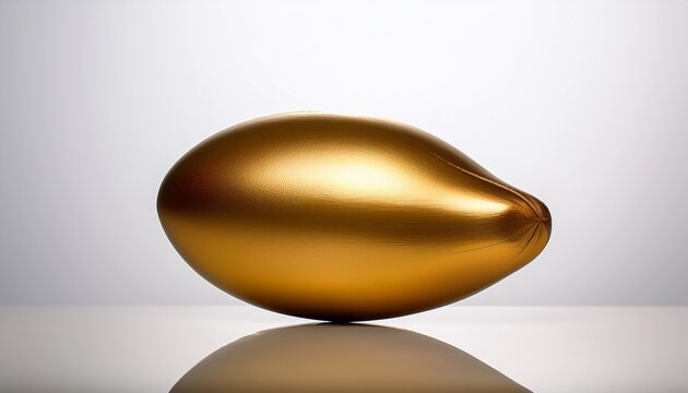 studio shot of a golden fruit oblong in shape resting on a white reflective surface illuminated from above