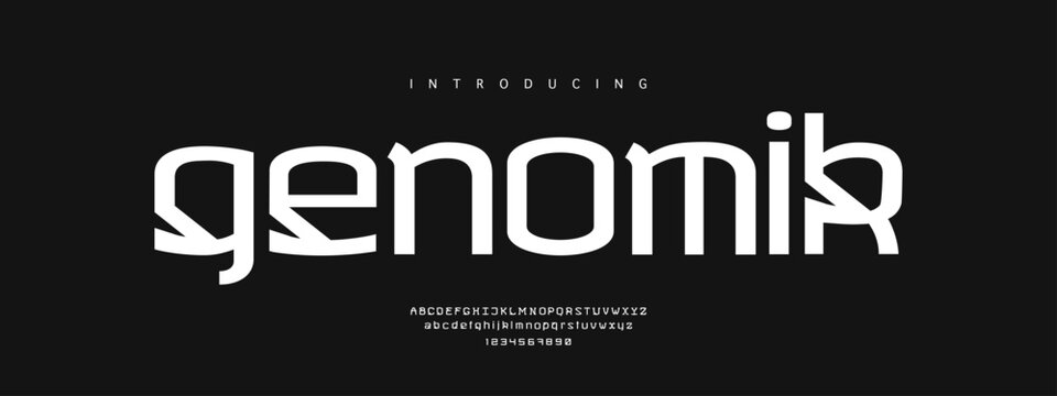 Genomik: A sci-fi display font. Futuristic astral sans typeface with diagonal slices for cosmic branding, space logos, and posters.