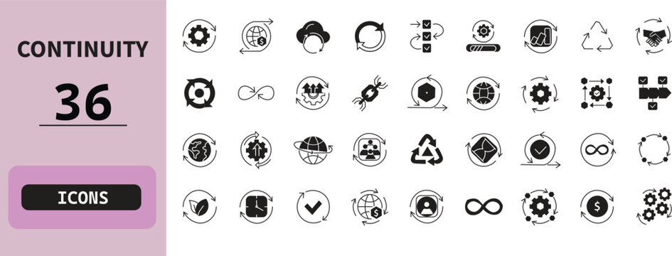 Business Continuity and System Automation Solid Icons. 36 Vector Glyph Symbols of Workflow Process, Continuous Operations, and Infinite Loops for UI UX Design. Continuity and Business Process Icons. F