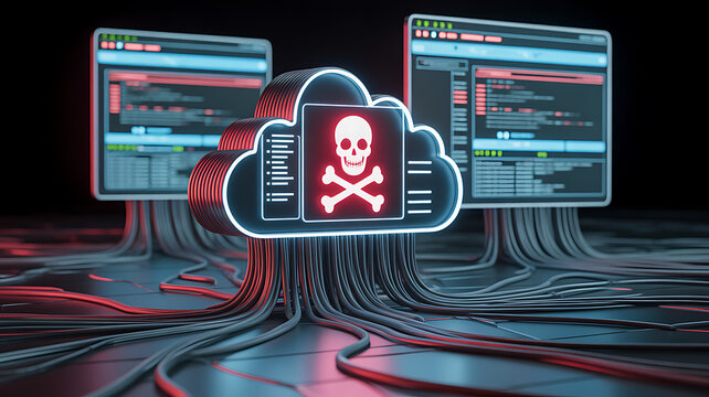 Hacker attack targeting data infrastructure. A cloud app infected with a virus. A skull and crossbones image appears on the app panel in the cloud. 