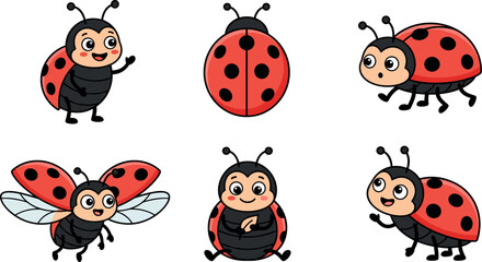 Fototapeta premium Cute Cartoon Ladybug Vector Character Set with Flying, Sitting, and Crawling Poses for Kids, Children Books, and Nature Graphic Designs