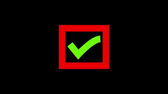 Animated reveal of a green and red check mark symbol in the squared box.