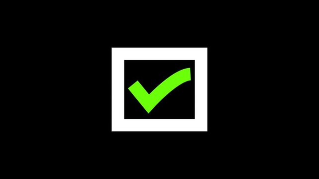 Animated reveal of a check mark symbol in the squared box black background 4k.