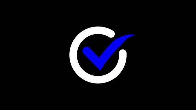 Animated blue and white colour check mark icon black background.
