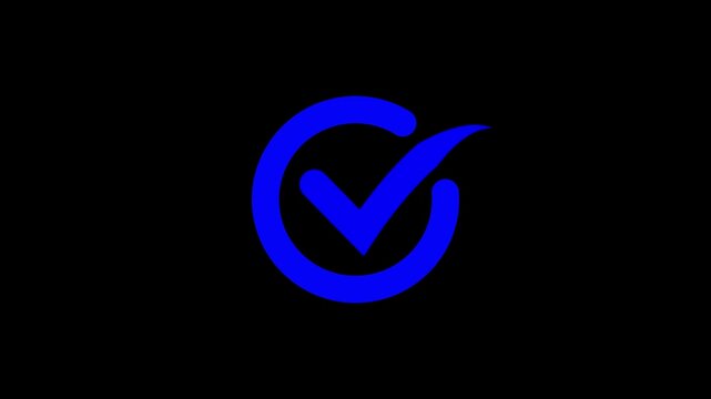 Animated blue colour check mark icon black background.