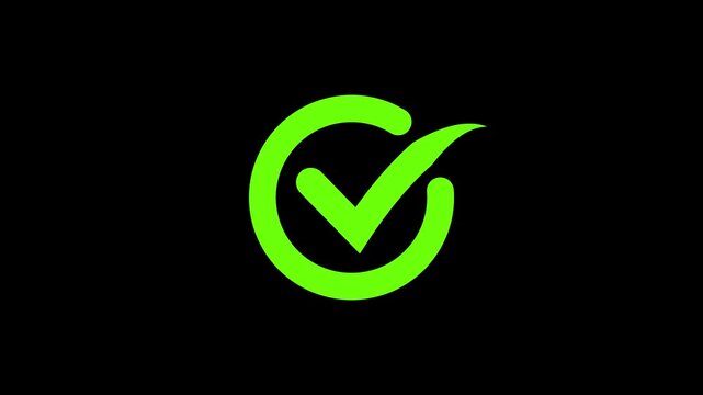 Animated green colour check mark icon black background.