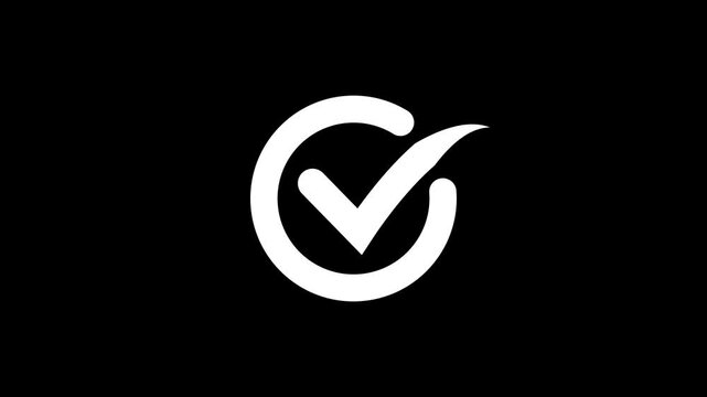 Animated white colour check mark icon black background.