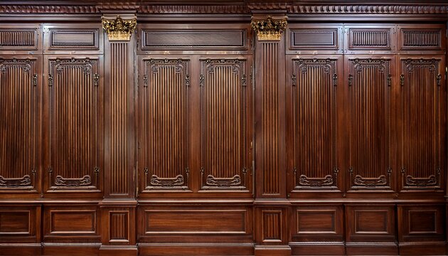 elegant dark wood paneling wall classic carved design luxury interior traditional mahogany panels premium quality british courtroom style high class woodwork luxury office library hotel