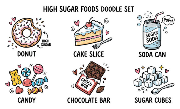 High sugar foods doodle set showing sweet treats