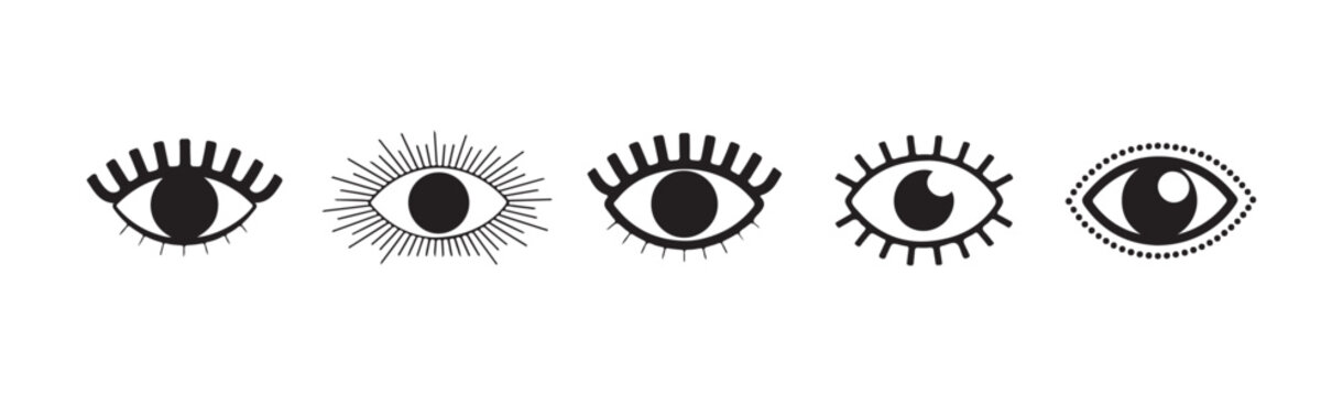 Graphic collection of stylized eye symbols featuring unique decorative lashes and iris patterns.