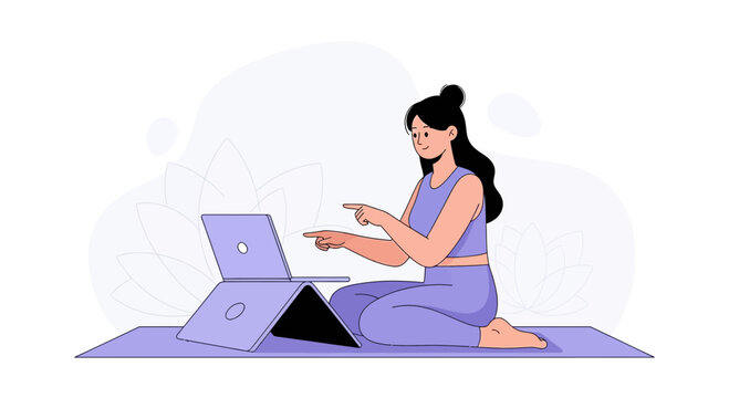 Woman practicing yoga and using laptop for online class or meditation app, vector illustration