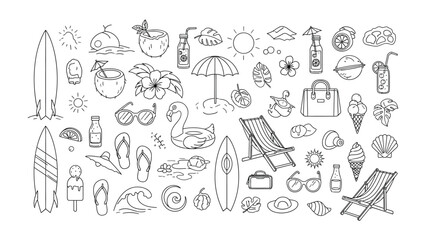 Summer Vacation Doodle Collection: A delightful array of hand-drawn icons depicting quintessential elements of a summer vacation, perfect for travel and leisure themes. © Hossain