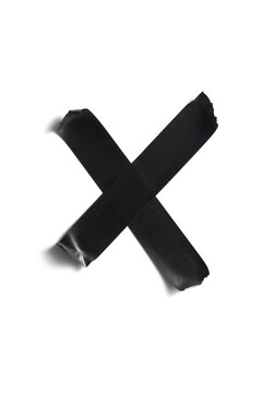 Cinta aislante negra en forma de X, aislada sobre fondo blanco. Cinta aislante negra formando una X audaz. Recurso gr&aacute;fico para p&oacute;steres, dise&ntilde;o urbano y punk.