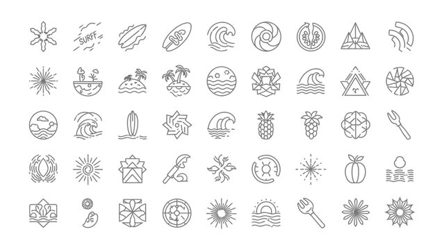 Collection of Tropical and Geometric Icons: A diverse array of stylized line art icons, featuring surfboards, islands, waves, sun symbols, and intricate geometric patterns.