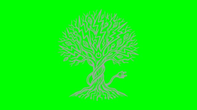 concept animation of an eco electric tree with power plug and lightning bolts hand drawn style with blinking white lighting on green screen chroma key background for video editing and keying visual ef