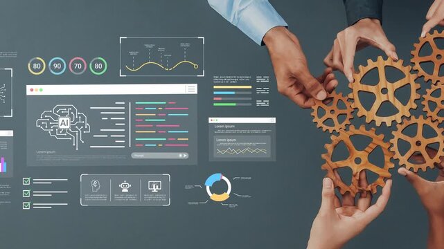 Hands Collaborating Over Data Analysis Displaying Artificial Intelligence Metrics and Visualizations for Business Insights and Strategy Development Gluon.