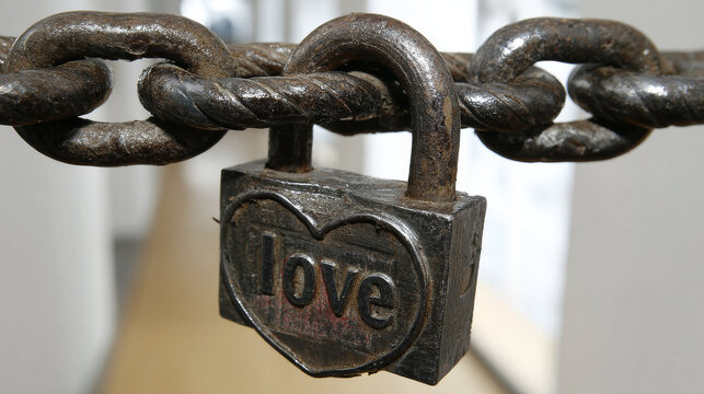 Old rusty metal padlock with heart shape icon hanging on heavy iron chain. Symbol of eternal love and relationship commitment. Concept of romantic security and unbreakable connection.