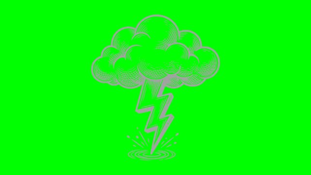 flashing white lighting bolt from a hand drawn storm cloud animation Vector style loop on green chroma key screen background