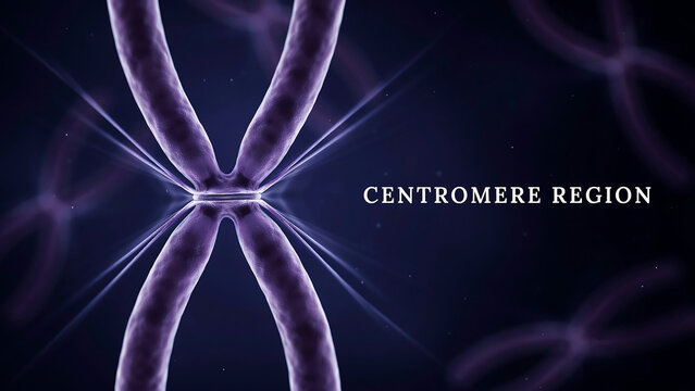Chromosome centromere region with X shaped structure and glowing lines on dark background with stars