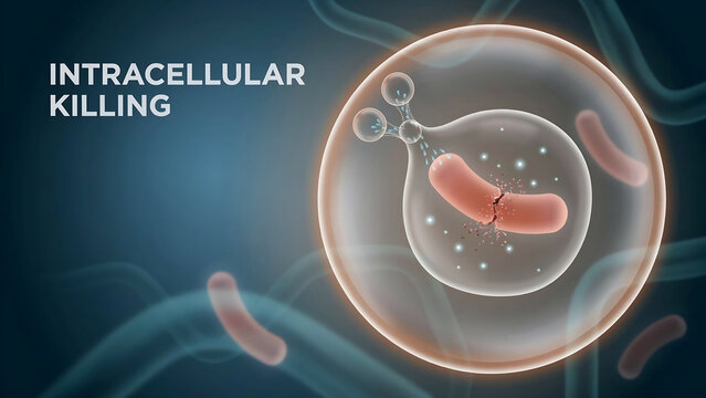 Intracellular killing process of a bacterium within a cell with bubbles and vesicles fusing to form a lysosome  destroying infectious agent