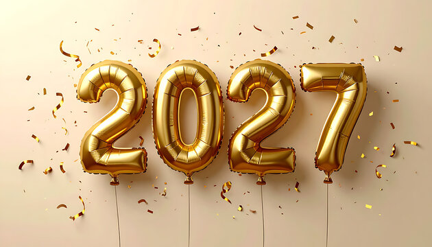 Golden year 2027 balloons floating with confetti, celebrating new year, festive event backdrop