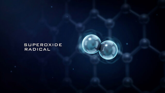 Superoxide radical molecular structure with atomic bonds on dark blue background